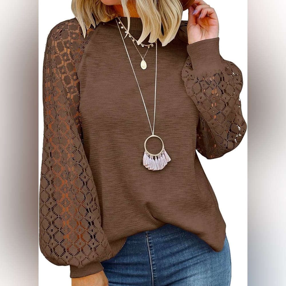 Women's Brown Lace Sleeve Pullover Blouse